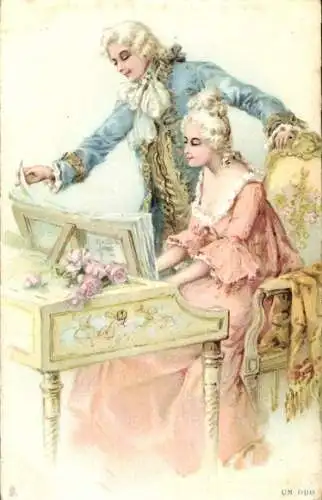 Litho Liebespaar, Frau spielt Klavier, Rosen, Noten