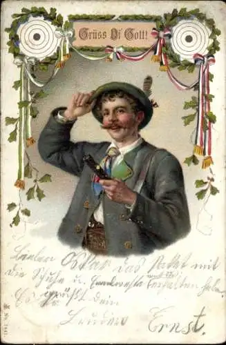 Litho Mann in Volkstracht, Grüß Di' Gott, Schießscheibe