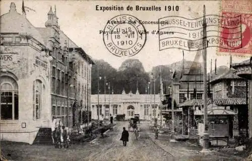 Ak Brüssel, Ausstellung 1910, Avenue des Concessions, Pavillon der Stadt Antwerpen