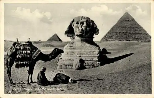 Ak Cairo Kairo Ägypten, Betender an der Sphinx, Kamel, Pyramiden