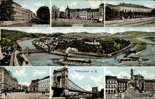 Ak Děčín Tetschen Bodenbach Elbe Reg. Aussig, Marktplatz, Nordwestbahnhof, Nordbahnhof, Brücke