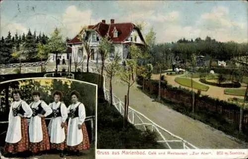 Ak Mariánské Lázně Marienbad Region Karlsbad, Café Restaurant Zur Alm, Volkstrachten