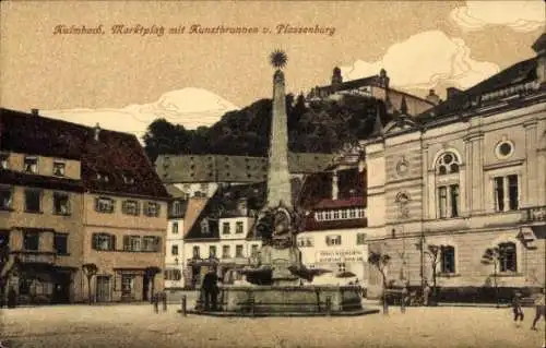 Ak Kulmbach in Oberfranken, Marktplatz mit Kunstbrunnen und Plassenburg