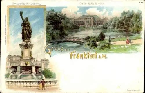 Litho Frankfurt am Main, Schützen-Brunnen, Gesellschaftshaus