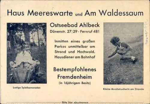 Ak Ostseebad Ahlbeck auf Usedom, Haus Meereswarte, Am Waldessaum, Kinder, Dünenstraße 27/29