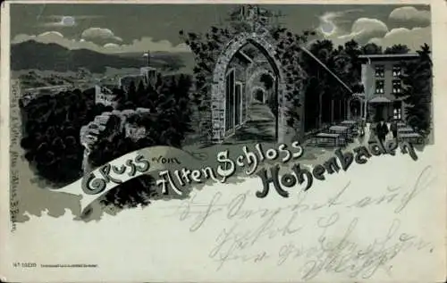 Mondschein Litho Baden Baden am Schwarzwald, Schloss Hohenbaden, Landschaftspanorama