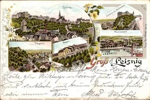 Litho Leisnig in Sachsen, Bastei, Tragnitz, Schloss mit Muldental