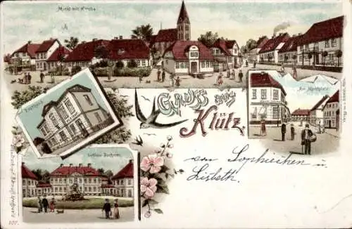 Litho Klütz in Mecklenburg, Markt, Kirche, Posthaus, Schloss