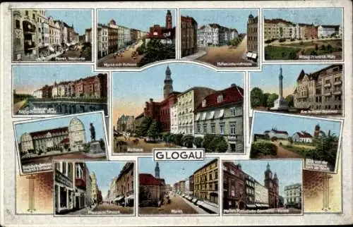 Ak Głogów Glogau Schlesien, Markt, Rathaus, Kriegerdenkmal, Hozenzollernstraße, Kirche, Gymnasium