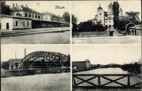 Ak Niš Nisch Serbien, Gesamtansicht, Brücke, Bahnhof