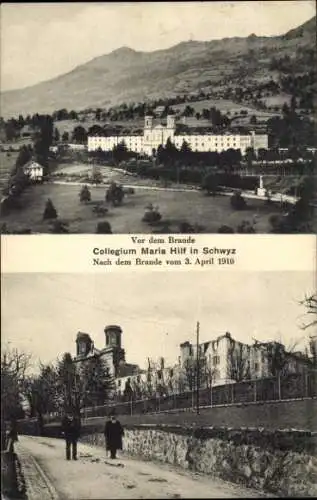 Ak Schwyz Stadt Schweiz, Collegium Maria Hilf, Brand 1910