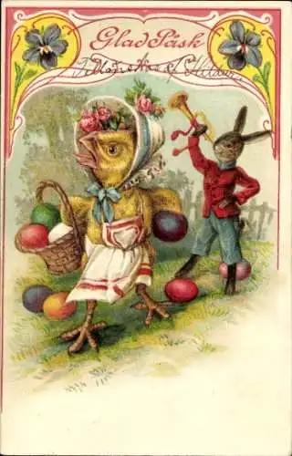 Präge Litho Glückwunsch Ostern, Vermenschlichtes Küken, Ostereier, Osterhase mit Trompete