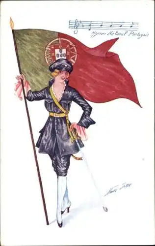 Künstler Ak Sager, Xavier, Hymne National Portugais, Landeswappen, Frau in Uniform