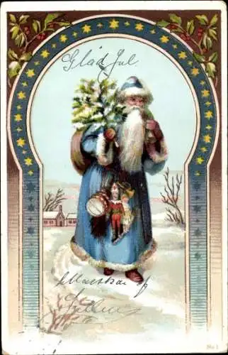 Litho Glückwunsch Weihnachten, Weihnachtsmann mit Tannenbaum