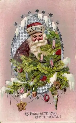 Präge Litho Glückwunsch Weihnachten, Weihnachtsmann, geschmückter Tannenzweig