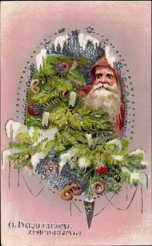 Präge Litho Glückwunsch Weihnachten, Weihnachtsmann, geschmückter Tannenzweig