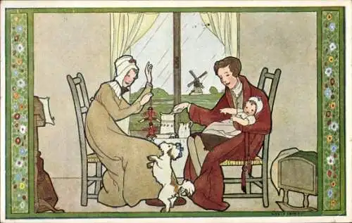 Künstler Ak Cramer, Rie, Holländische Familie, Hund, Windmühle
