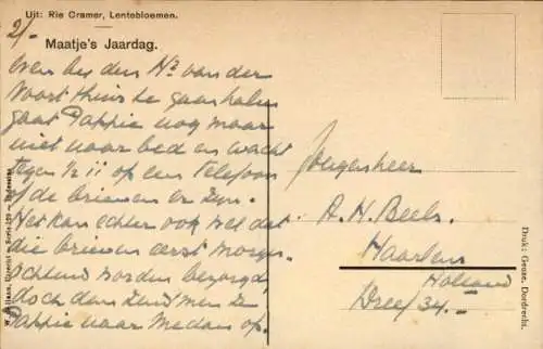 Künstler Ak Cramer, Rie, Frühlingsblumen, Maatjes Jahrtag
