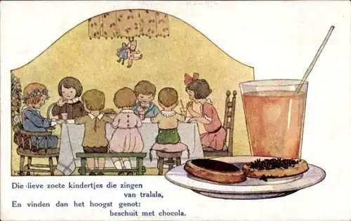 Künstler Ak Kinder am Tisch, Werbung, Essen, Saft im Glas