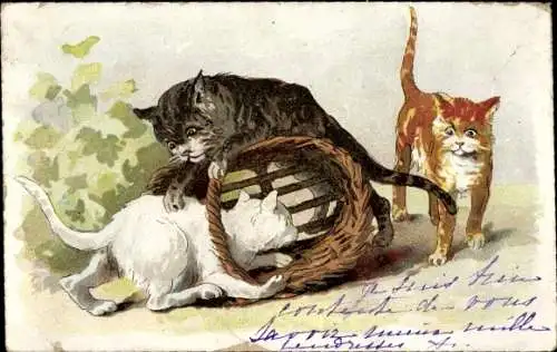 Litho Drei verspielte Katzen, Korb