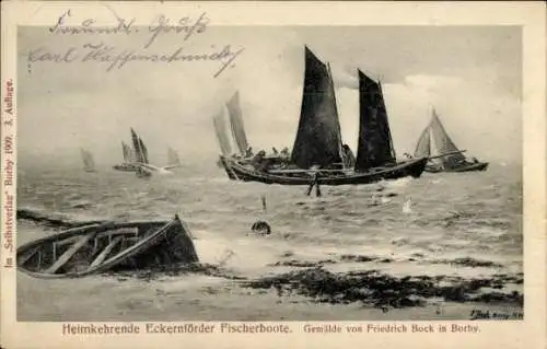 Ak Ostseebad Eckernförde, heimkehrende Fischerboote, Gemälde von Friedrich Bock in Borby