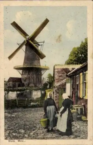 Ak Sluis Zeeland Niederlande, Frauen in Tracht, Windmühle