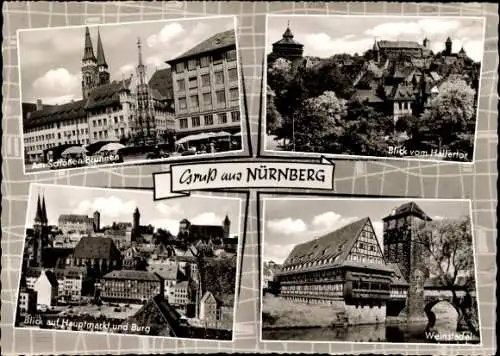 Ak Nürnberg in Mittelfranken, Blick vom Hallertor, Weinstadel, Hauptmarkt, Burg, Brunnen, Markt