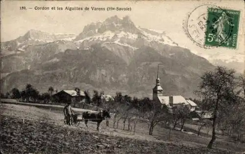 Ak Cordon Haute Savoie, Teilansicht, Kirche, Gebirge, Alguilles de Varens