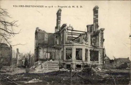 Ak Villers Bretonneux Somme, Ruine, Propriete de M. E. D.