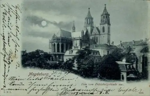 Mondschein Ak Magdeburg an der Elbe, Blick vom Präsidialgebäude, Dom