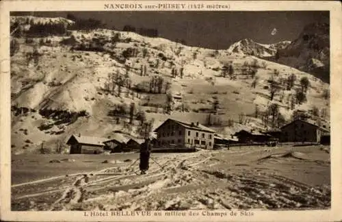 Ak  Peisey Nancroix Savoie, Skifahrer, Hotel Bellevue, Winter