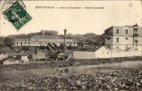 Ak Montévrain Seine et Marne, Ecole d'Alembert, Ferme Incendiee