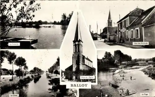 Ak Balloy Seine-et-Marne, Rue des Richards, Kirche, Strand, Kanal