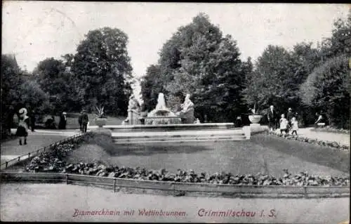 Ak Crimmitschau in Sachsen, Bismarckhain mit Wettinbrunnen