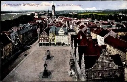 Ak Lutherstadt Wittenberg, Stadtbild vom Turm der Marktkirche aus