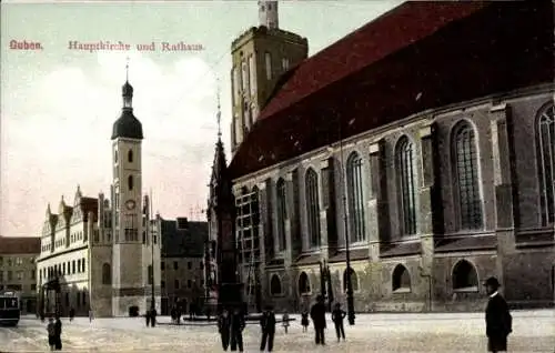 Ak Guben in der Niederlausitz, Hauptkirche, Rathaus