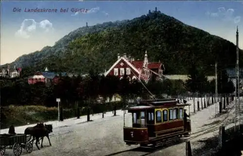 Ak Görlitz in der Lausitz, Landeskrone, Straßenbahn