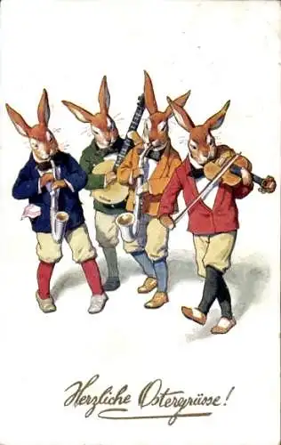 Ak Glückwunsch Ostern, Vermenschlichte Hasen mit Musikinstrumenten