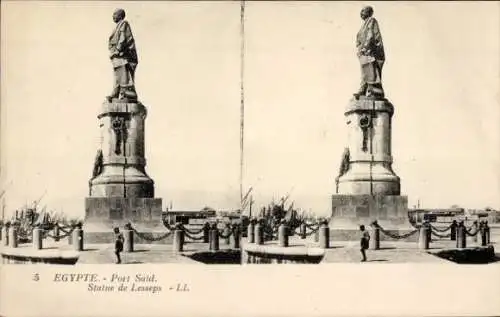 Stereo Ak Port Said Ägypten, Statue de Lesseps, Denkmal