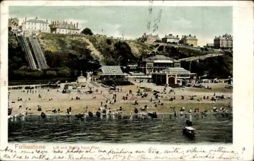 Ak Folkestone Kent England, Aufzug und Bäder vom Pier