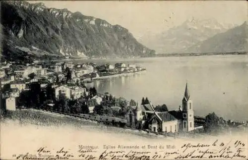 Ak Montreux Kanton Waadt Schweiz, Deutsche Kirche, Dent du Midi