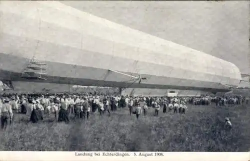 Ak Leinfelden Echterdingen BW, Zeppelin Luftschiff, Landung am 05. August 1908