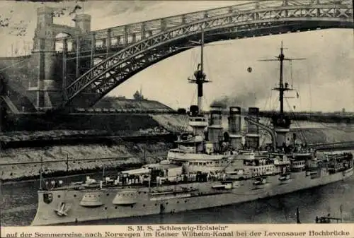 Ak Deutsches Kriegsschiff, SMS Schleswig-Holstein, Levensauer Hochbrücke, Sommerreise nach Norwegen