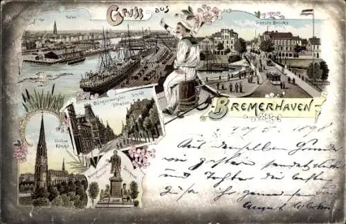 Litho Bremerhaven, Hafen, Geeste Brücke, Bürgermeister Smidt Straße, Denkmal, Kirche