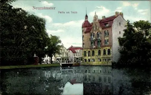 Ak Neumünster in Holstein, am Teich, Haus, Bäume