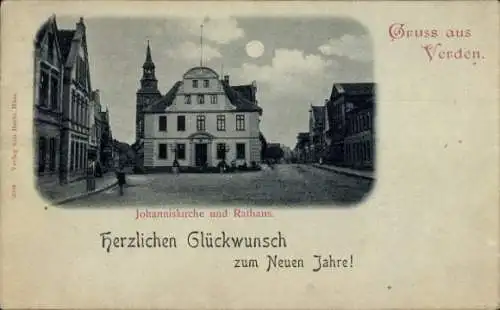 Mondschein Ak Verden an der Aller, Glückwunsch zum Neuen Jahr, Johanniskirche und Rathaus