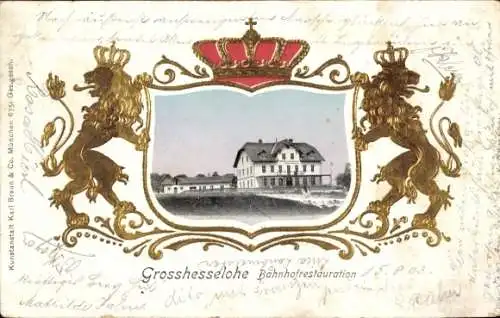 Präge Wappen Passepartout Ak Großhesselohe Pullach Oberbayern, Bahnhofrestauration