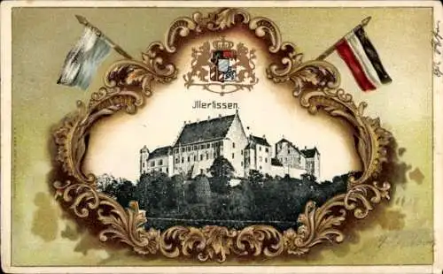 Präge Wappen Passepartout Ak Illertissen in Schwaben, Schloss, Fahnen