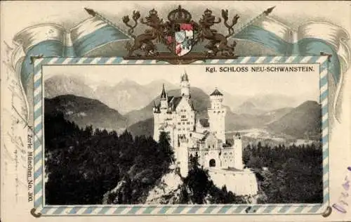 Präge Wappen Passepartout Ak Hohenschwangau Schwangau im Ostallgäu, Schloss Neuschwanstein