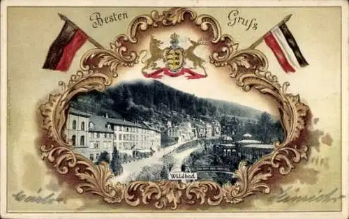 Präge Wappen Passepartout Ak Bad Wildbad im Schwarzwald, Teilansicht, Fahnen